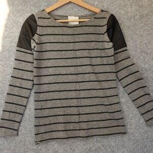 Stripe Wool Cashmere Sweater Women‎ XS Gray Shoulder Leather Patch WOOLLY MINDED